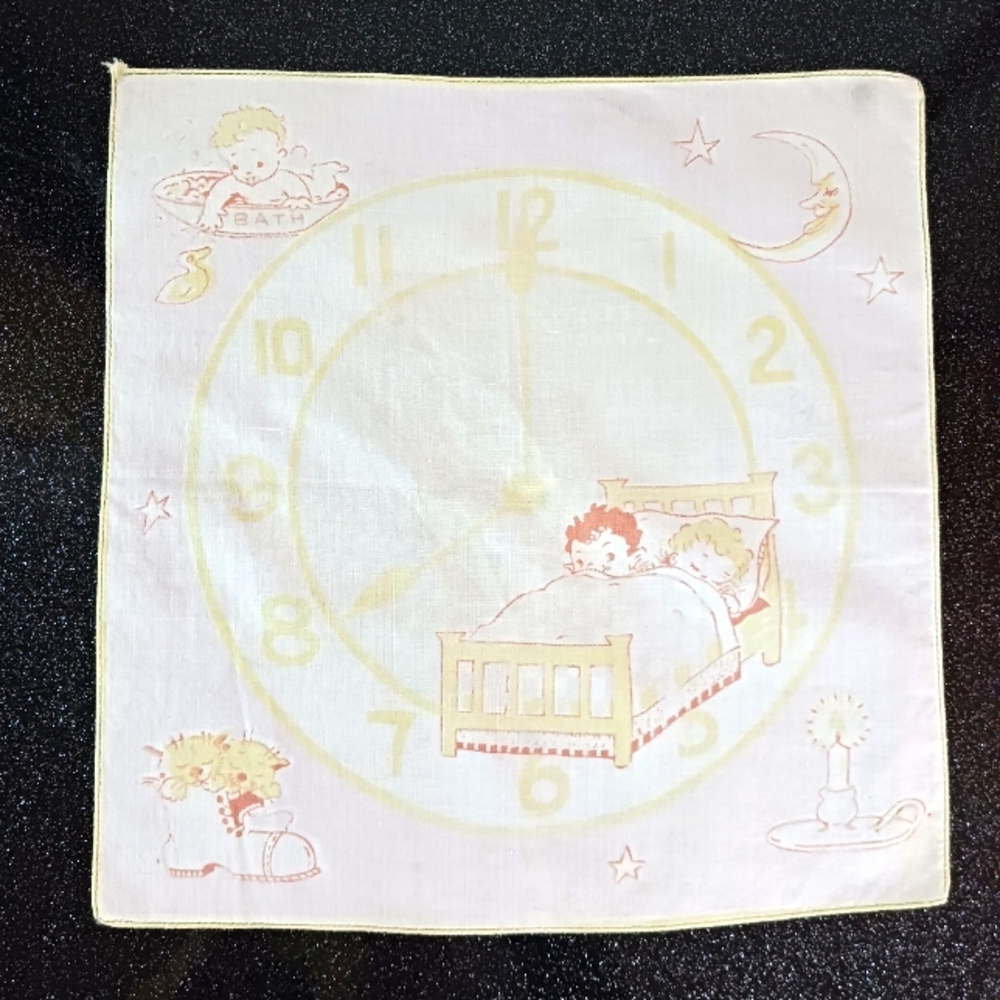 Vintage Bedtime Clock Children's Hankerchief.